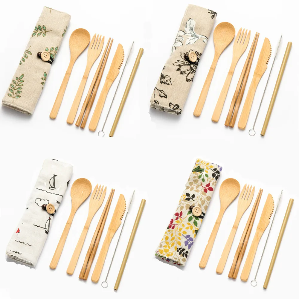 

2/4set Korean Wooden Tableware Dinnerware Sets with Portable Cutlery Bag Forks Spoons Knives Bamboo Straw for Travel Cutlery Set