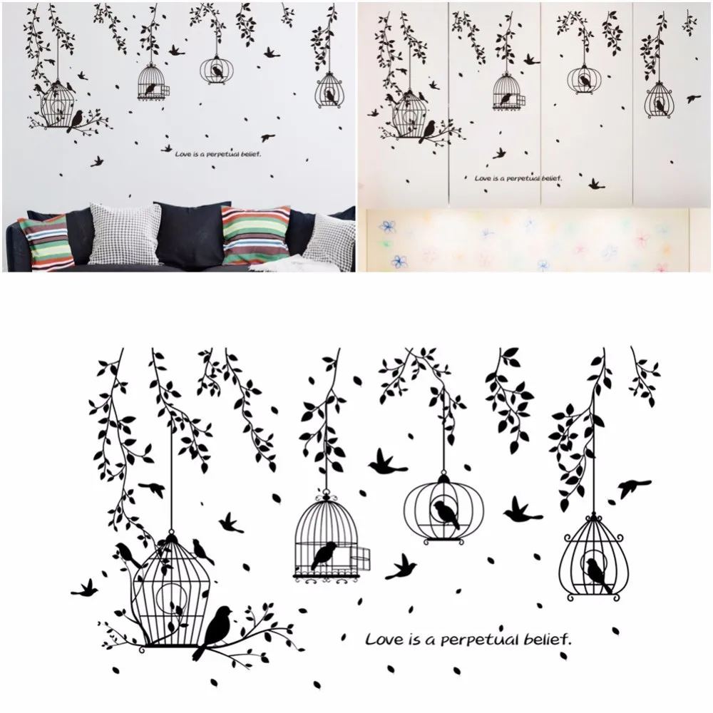 Black Bird Cage and Leaves Silhouette Patterns PVC Wall Stickers TV Background Wall Stickers Decorative Dining Hall Dormitory