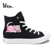 Вэнь Дизайн Покемон ручной росписью обувь аниме Slowpoke холст кроссовки высокие черные Скейтбординг обувь для девочек и мальчиков