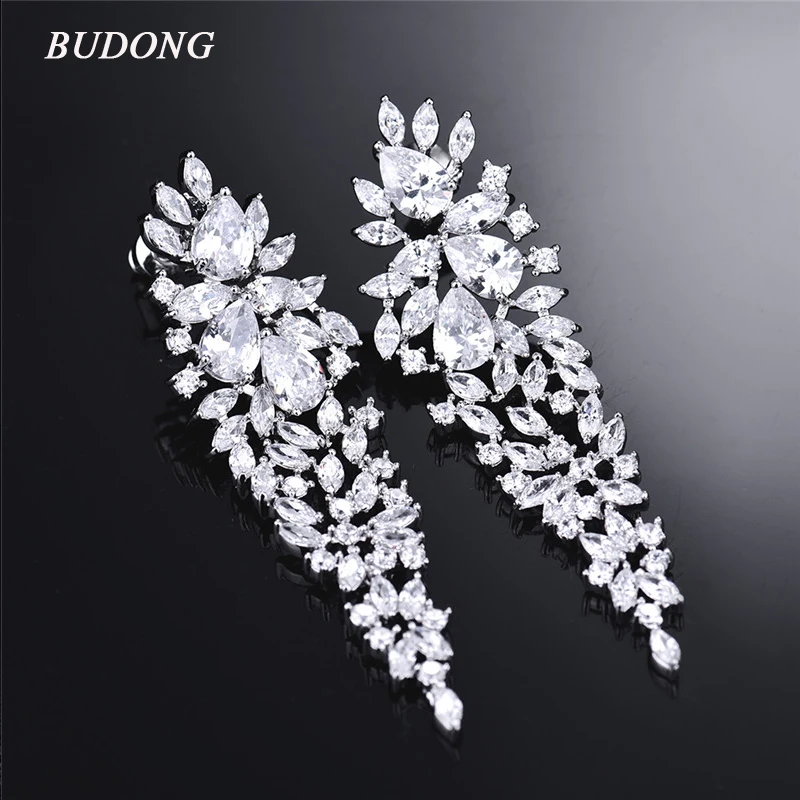 

BUDONG 2017 Luxury Dangle Earrings for Women Bling-bling Silver Color AAA+Crystal Zircon Statement Wedding Party Jewelry XUAE08