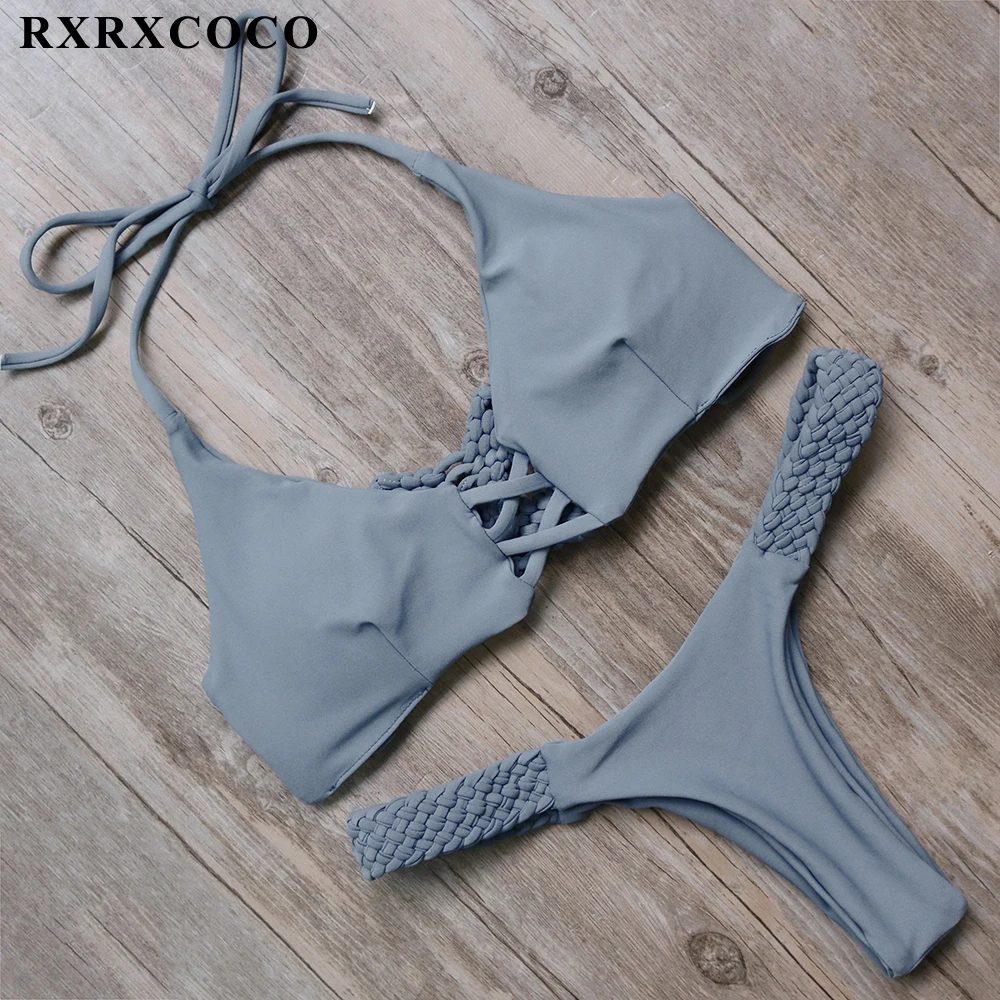 

RXRXCOCO Sexy Push Up Bikini 2019 Halter Hollow Out Swimwear Women Swimsuit Solid Biquinis Beachwear Female Bathing Suit Sunbath