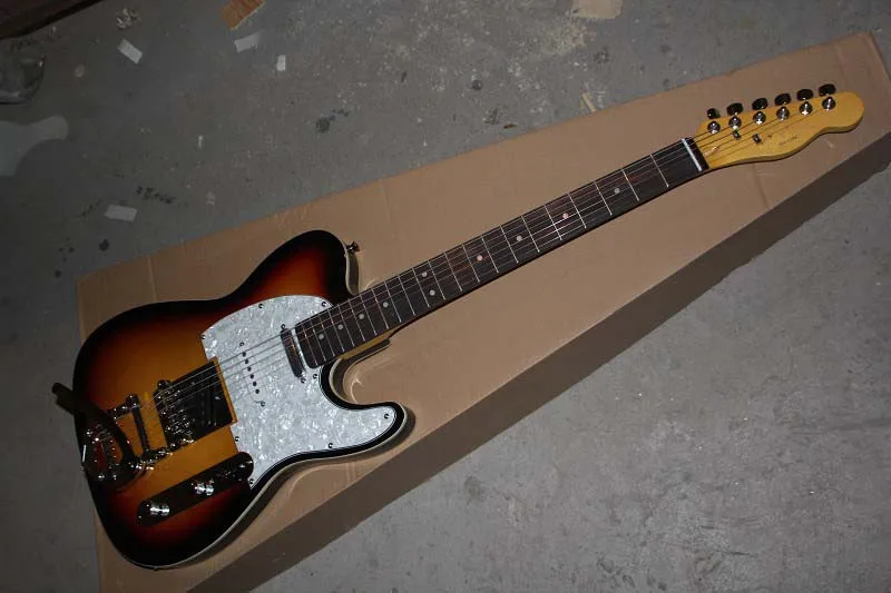 

Factory sale White Pearl Guard Board F Telecaster Sunset Burst Jazz Electric Guitar with Bigsby Silvery Hardware 14-4-1