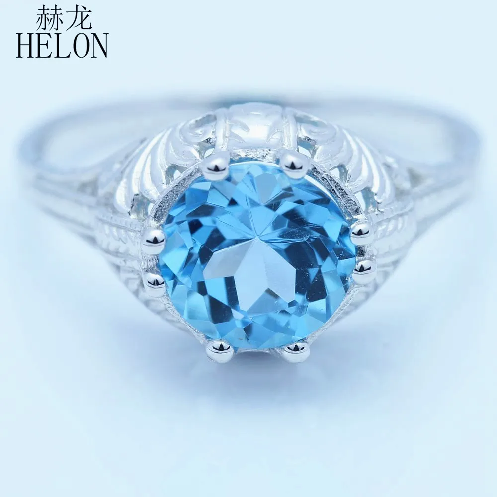 

HELON 8mm Round Genuine Blue Topaz Ring Vintage Style Cocktail Engraving Sterling Silver 925 Art Nouveau Engagement Wedding Ring