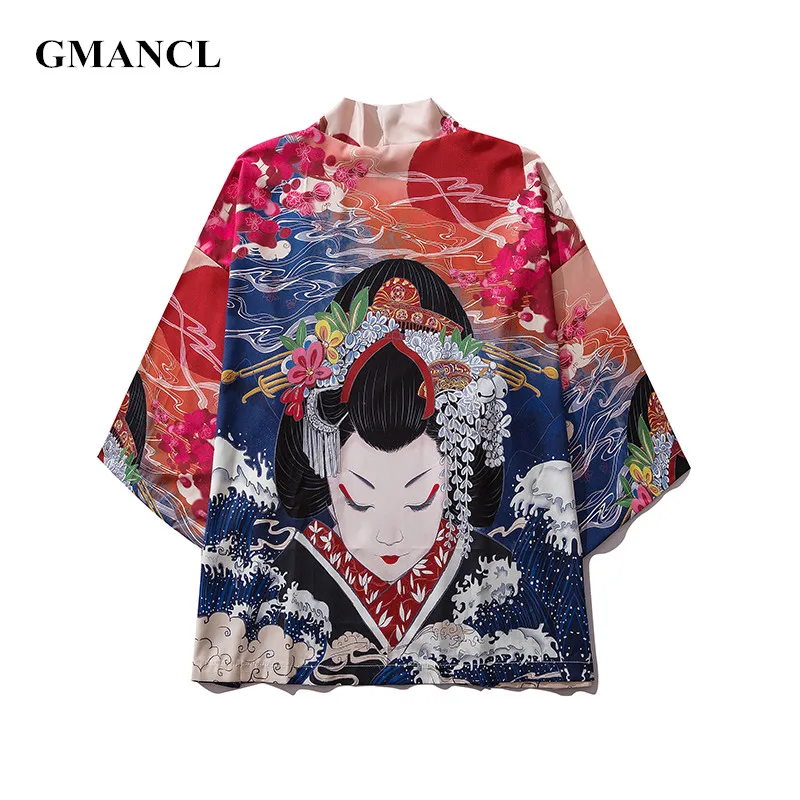 

Japanese Style Men Hip hop Ukiyo geisha Printed Kimono Cardigan Jackets 2019 summer Men Harajuku Casual Streetwear Outwear Coat