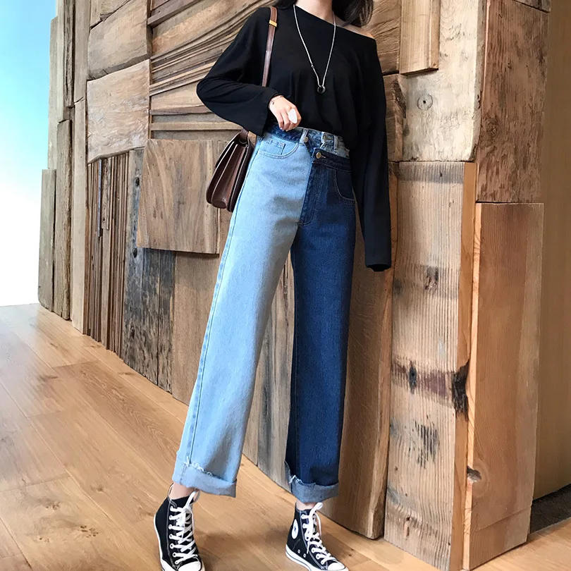 spring New style mock two-piece contrasting color stitching jeans women's Hong Kong-style slimming straight-cut ankle-lengt