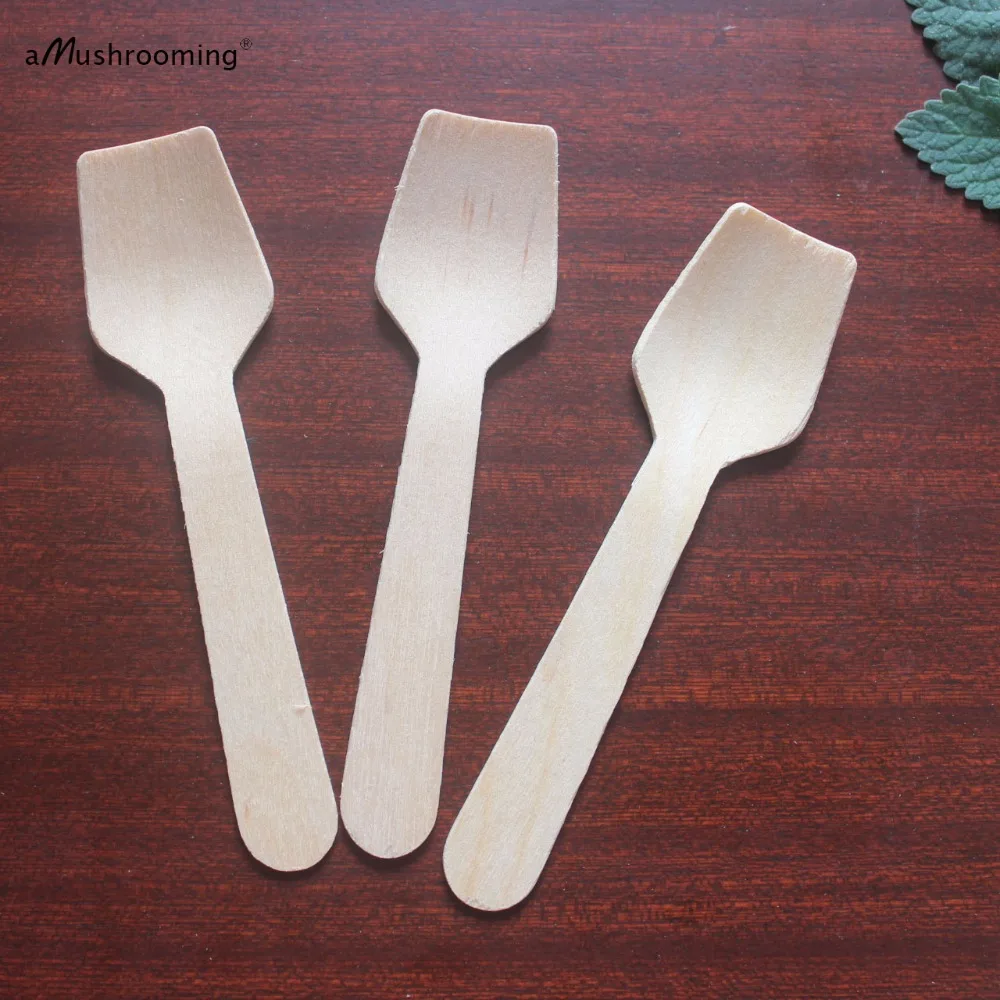 50 SMALL Disposable Wooden Flat Spoon Utensils Mini Dessert Spoons Wood