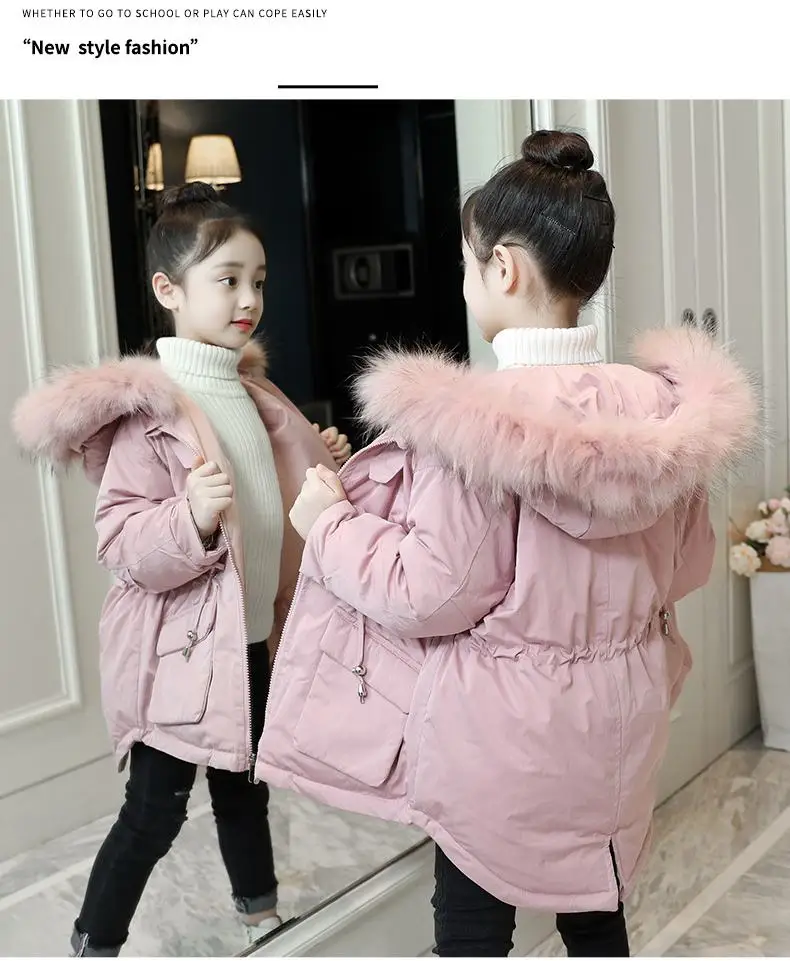 New Girls Winter Jacket Children Fashion Fur Collar Cotton Coats Teenage Thick Outwear Hooded Warm Parka kids Clothes W97