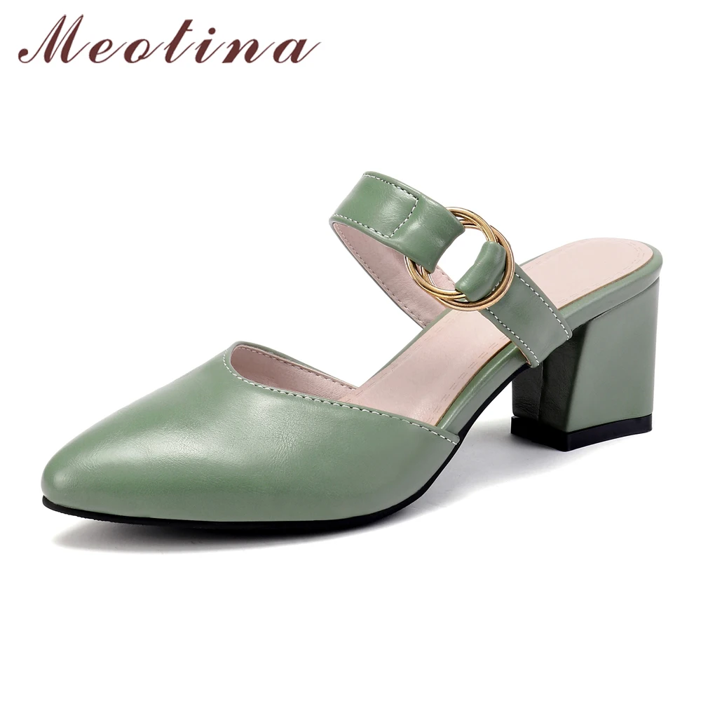 Meotina Women Mules Shoes High Heels Buckle Chunky High Heels Shoes 2019 Fashion Pointed Toe Pumps Ladies Green Plus Size 33-43