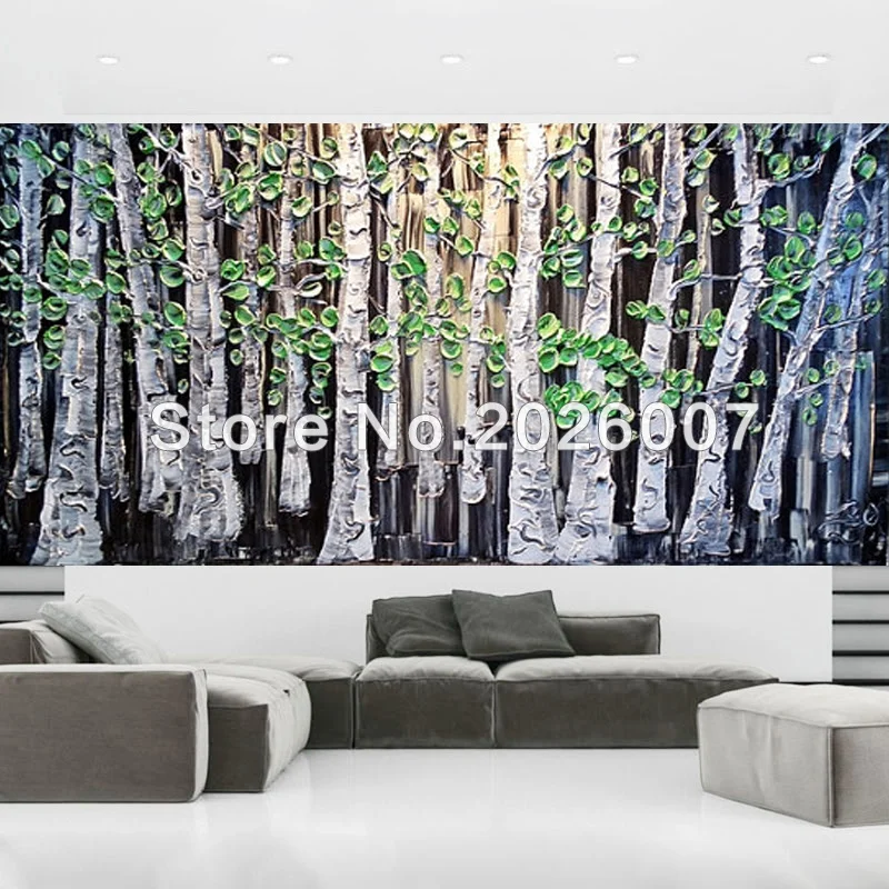 

Hand Painted Landscape Palette Knife Black White Green Birch Tree Oil Painting On Canvas Modern Home Decoration Artwork Art