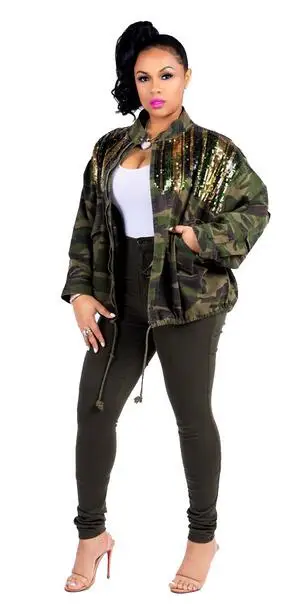 

Women Military Jackets Winter Zipper Pockets Bomber Jacket 2019 Harajuku Sequined Camouflage Outwear Coats Tops Feminina DC247
