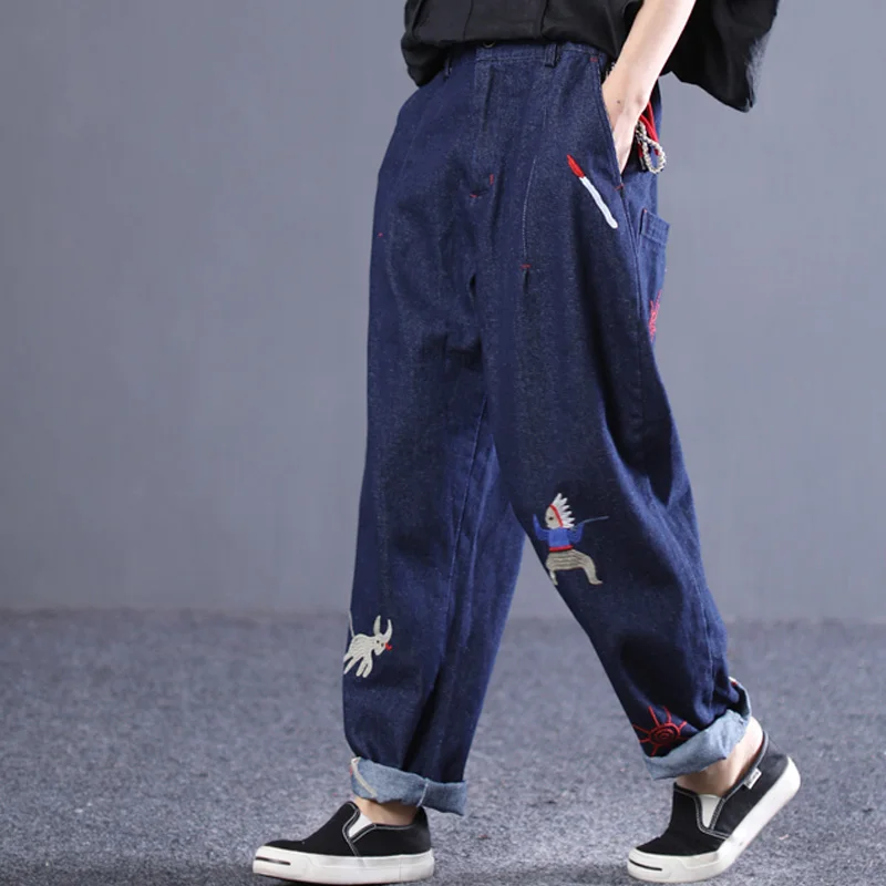 

Johnature Women Embroidery Jeans Blue 2019 Spring New Korean Style Trouser Loose Pockets Casual Button Straight Pants For Women