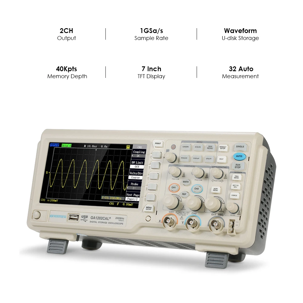 

Digital Oscilloscope Scope Meter 2CH 200MHz Bandwidth 8-bit 1GSa/s Sampling Rate GA1202CAL+232/USB