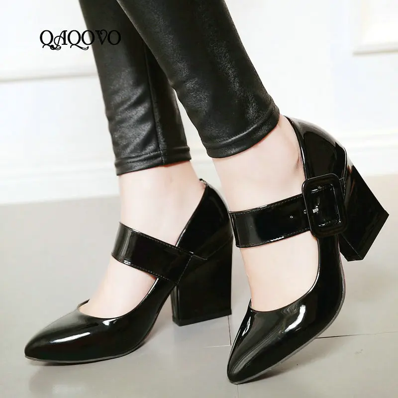 

2019 High Heels Shoes Women Mary Janes Shoes Thick High Heel Pumps Autumn Fall Footwear Red Black White Apricot Big Size 34-43