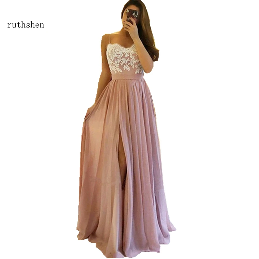 

2019 Sexy Side Slit Prom Dresses Sweetheart Evening Dresses Spaghetti Strap Floor Length Chiffon Party Gowns Robe De Soiree