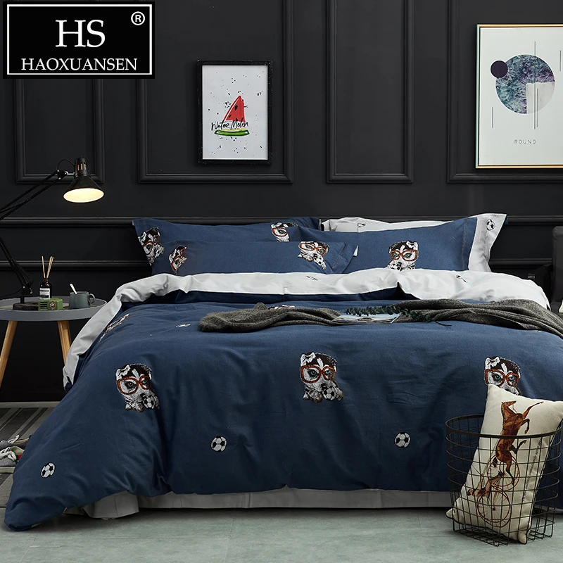 

4pcs 100% Cotton Sanding Bedding Set Dog Football Printed Thicken Soft Warm Queen King Size Bed Sheet Set Duvet Cover Pillowcase