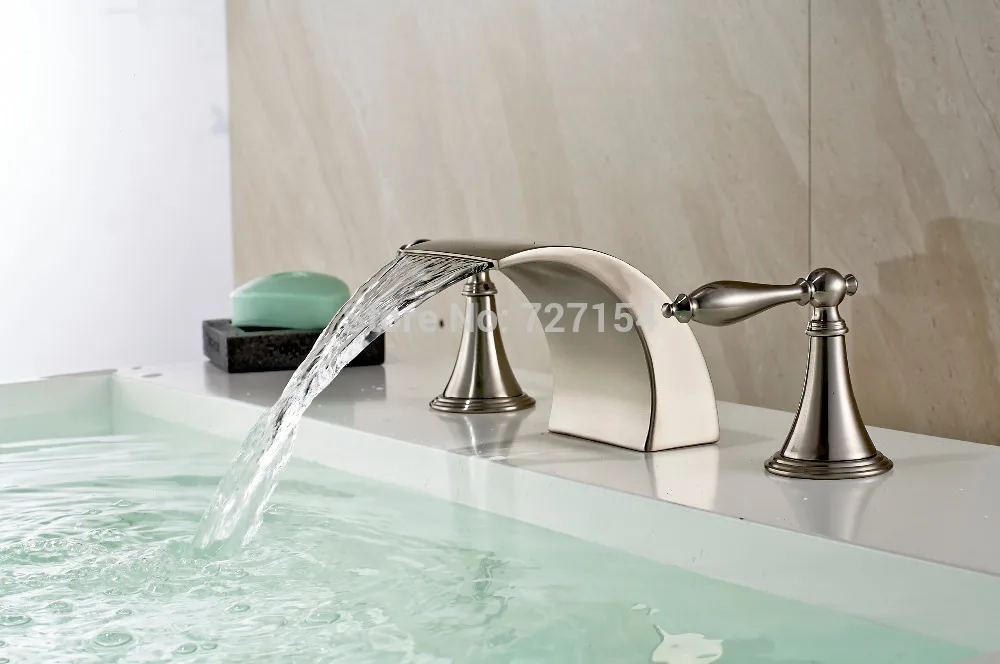 Free Shipping! New Widespread Spout Nickel Brushed Basin Faucet Deck Mount Sink Mixer 2 Handles цена Free Shipping! New Widespread Spout Nickel Brushed Basin Faucet Deck Mount Sink Mixer 2 Handles цены онлайн