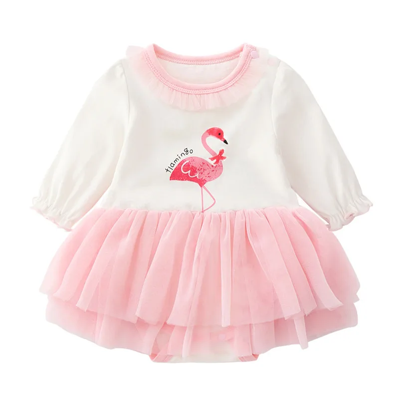 Flamingo Newborn Baby Girls Dress Cotton Long Sleeve Rullfes Lace Party