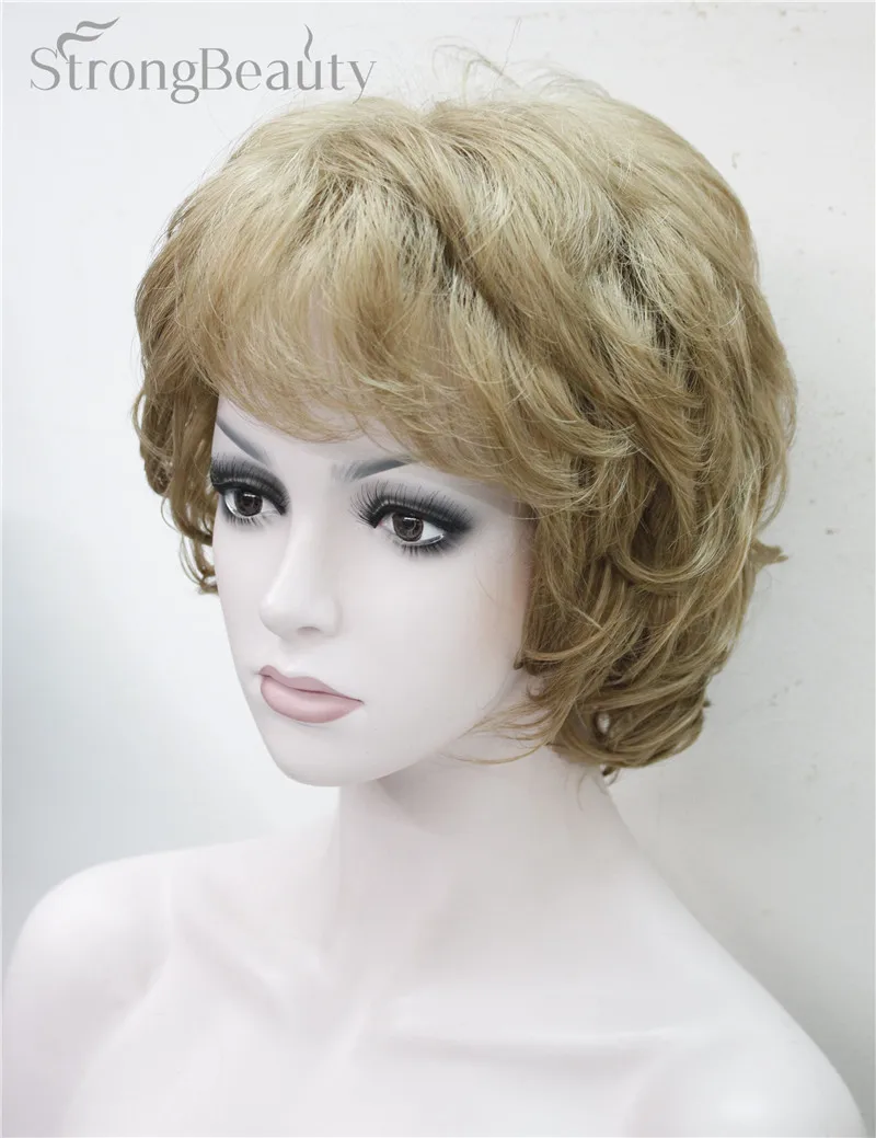 Сильный Красота дамы парики короткие волнистые Золотой светлые волосы для Для женщин синтетические монолитным полный парик 16 Цвета
