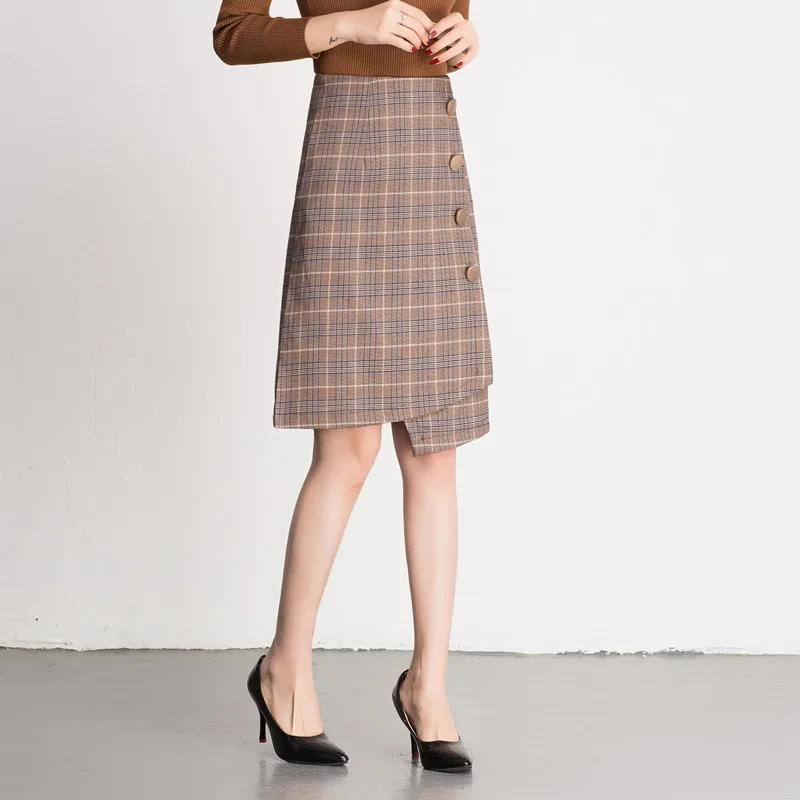 Yuxinfeng офис плед Женская юбка 4XL тонкий бизнес костюмная юбка дамы Высокая талия Нерегулярные Плюс размеры трапециевидной формы юбки для женщи - Цвет: Brown