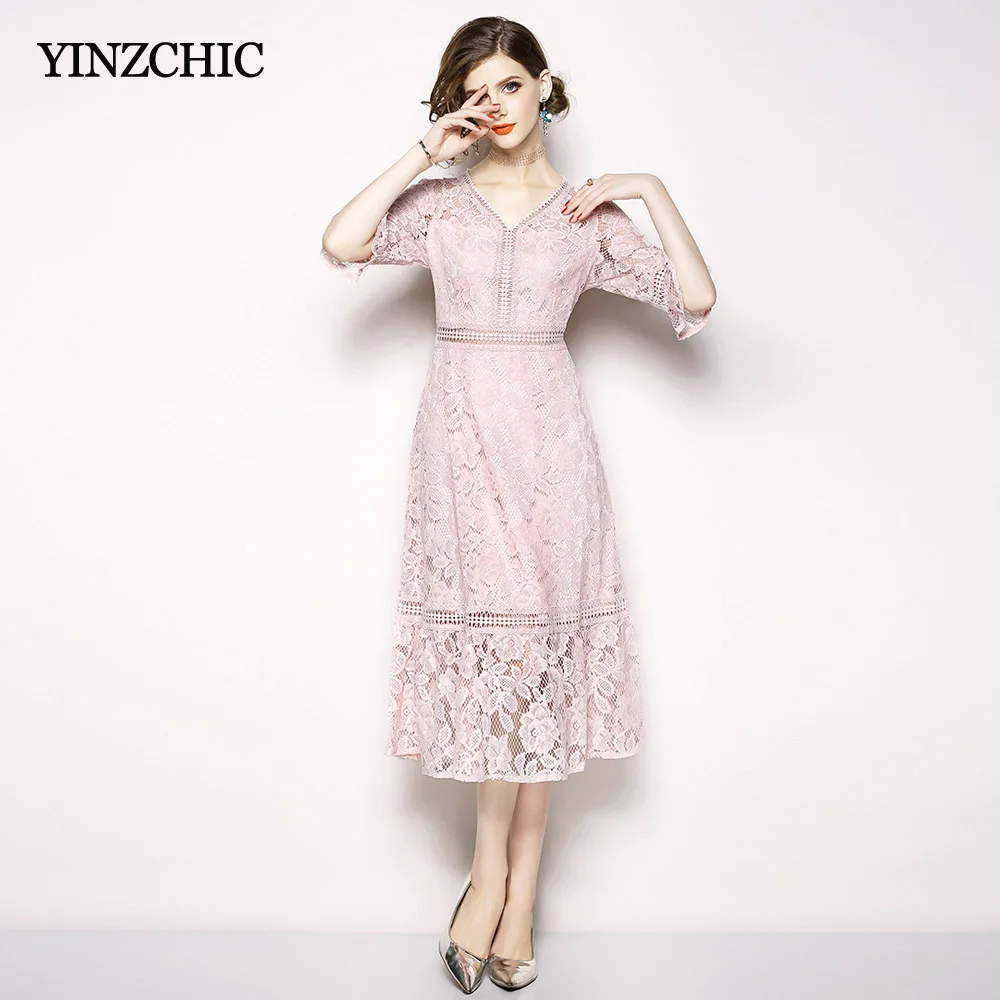 

Fashion Womans Lace Dresses V-neck Half Flare Sleeve Summer Mid Dress for Woman Hollow-out Laces A-line Dresses Women Casual