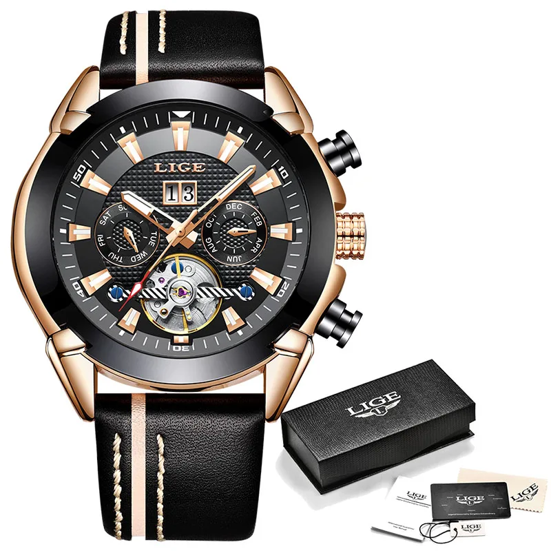 

LIGE Analog Tourbillon Automatic Watches Mens Month Week Clock Leather Waterproof Wristwatch Top Brand Luxury Mechanical Watch
