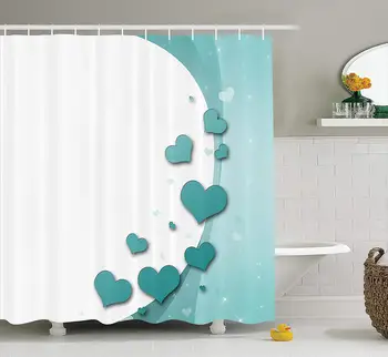 

Valentines Day Turquoise Shower Curtain Love Valentines Day Romance with Hearts Stars Wedding Happiness Theme Bathroom Decor
