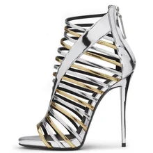 Newest Style Women Silver Gold Mixed Color Narrow Band Sandals Fashion Back Zipper Hollow Out High Thin Heel Party Shoes Newest Style Women Silver Gold Mixed Color Narrow Band Sandals Fashion Back Zipper Hollow Out High Thin Heel Party Shoes
