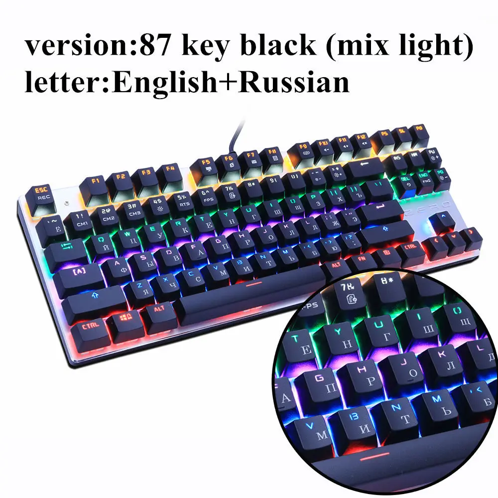 Metoo русская+ английская игровая оригинальная механическая клавиатура с подсветкой, светящаяся 87 светодиодный синий переключатель, проводная клавиатура - Цвет: backlit black 87 RU