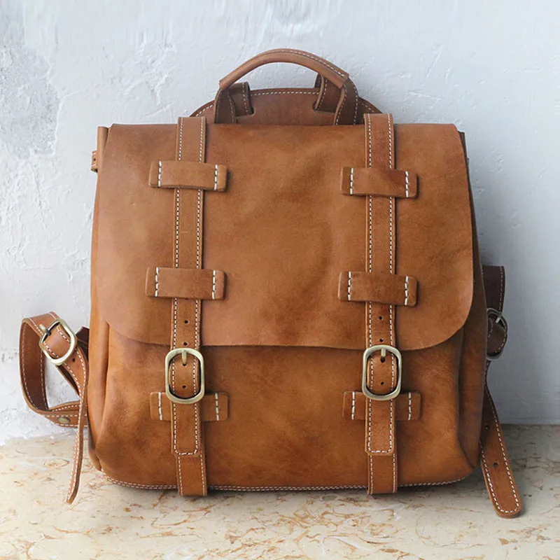 2017 New Unisex 100 Genuine Vegetable Tanned Leather Backpacks Women's
