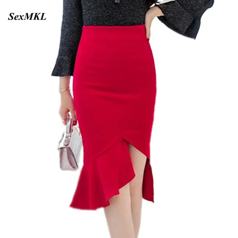 SEXMKL Plus Size Womens Red Skirts Winter 2018 Korean Elegant Sexy Bodycon Ruffle Skirt Office High Waist Pencil Black Skirt Skirts