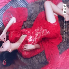 Tan Hong Yan/новинка года, весенний сексуальный костюм в стиле бара, соблазнительный тематический костюм, винтажный Красный Кружевной спальный халат, пижама