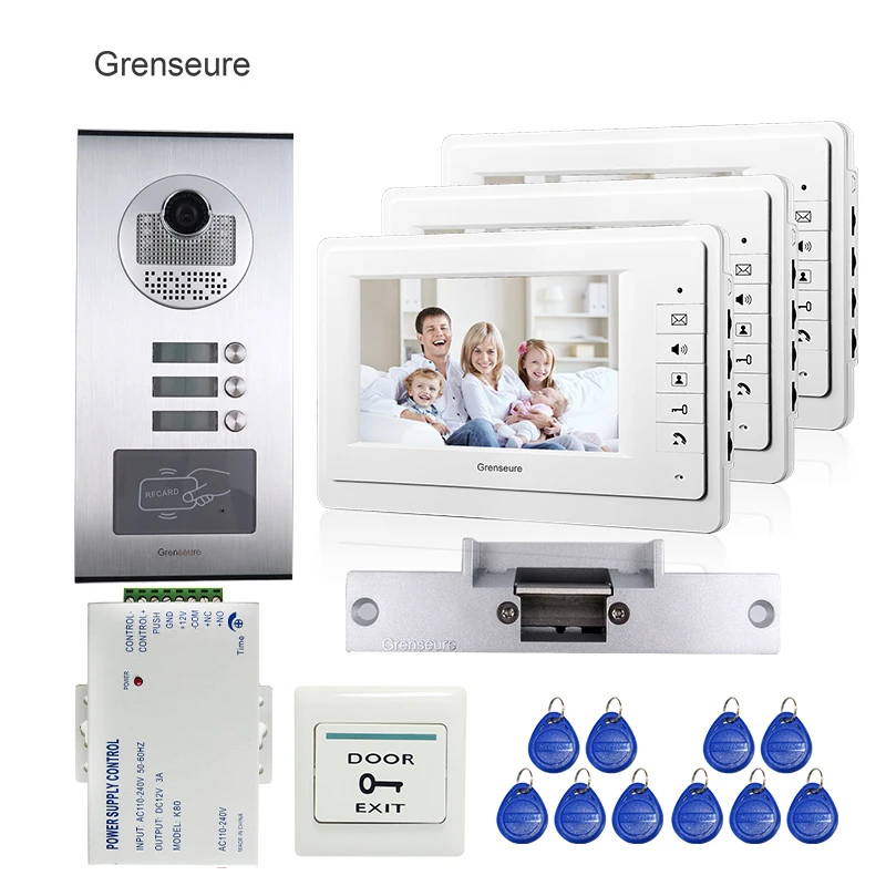 

7" Color Video Door Phone Intercom System 3 Monitor + RFID Access Door Camera for 3 Apartment Strike Electric Lock FREE SHIPPING
