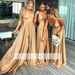 Шампанское 2019 дешевые платья подружки невесты под 50 A-Line Глубокий v-образным вырезом разрез Длинные свадебные платья для женщин