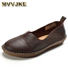 MVVJKE женская обувь пояса из натуральной кожи слипоны Лоферы для женщин круглый носок кофе белый Женская туфли без каблуков Весна осен