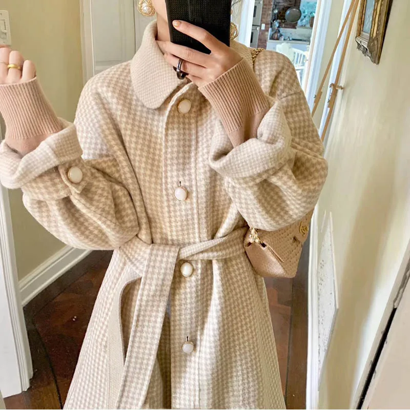 OLN 2019 New Style Autumn Winter Woolen Coat Herringbone Plaid Temperament Waist Turn-down Collar Thin Double-sided Coat 1610