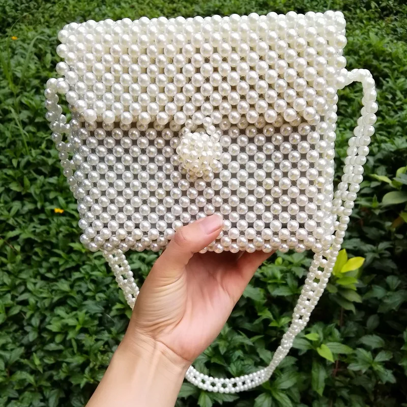 

Pearl Bead Flap Box Wedding Bag For women Lady Evening Handbags Luxury Design Handmade Messenger Bag Summer Beach Bag Crossbo