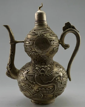 

WBY 731++++++Collectible Decorated Old Handwork Tibet Silver Carved Dragon Gourd Tea Pot
