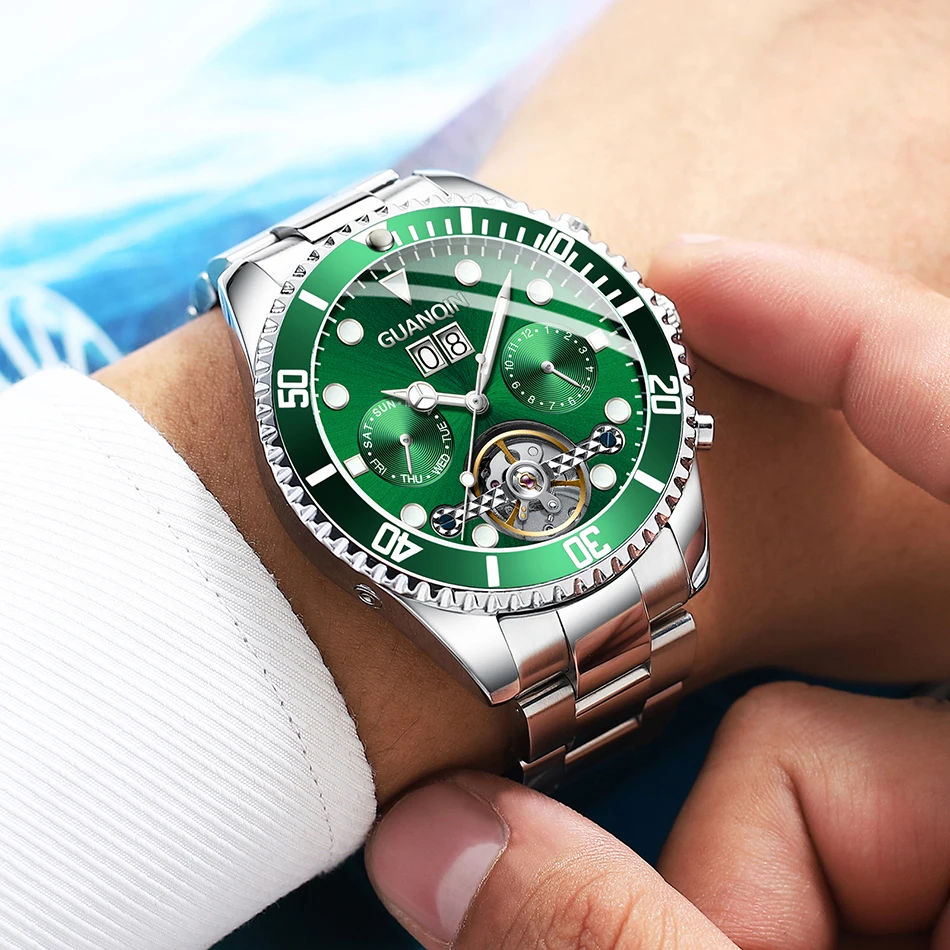 Мужские часы Топ бренд класса люкс GUANQIN механические часы зеленый водонепроницаемый Дата Неделя reogios masculinos de luxo