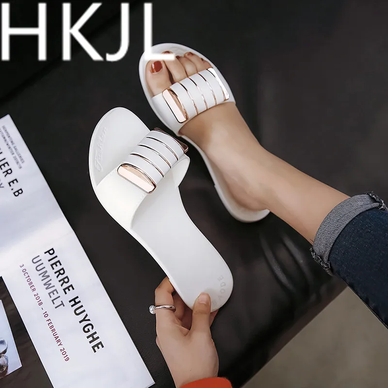 

HKJL 2019 summer cool slippers female wear Korean version of fashion beach antiskid student tide flat with flat bottom Q005