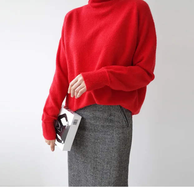 Свободный Свитер оверсайз женский красный свитер с высоким воротником женские пуловеры с длинными рукавами Зимние трикотажные джемперы
