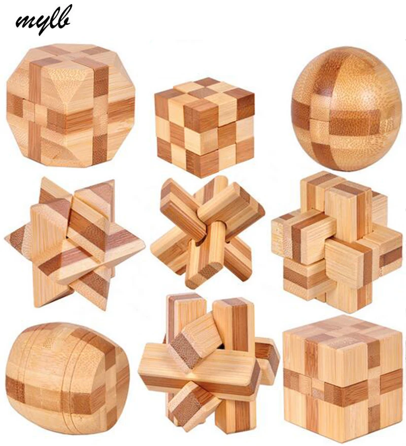 

mylb 9pcs/set New Excellent Design IQ Brain Teaser 3D Wooden Interlocking Burr Puzzles Game Toy For Kids
