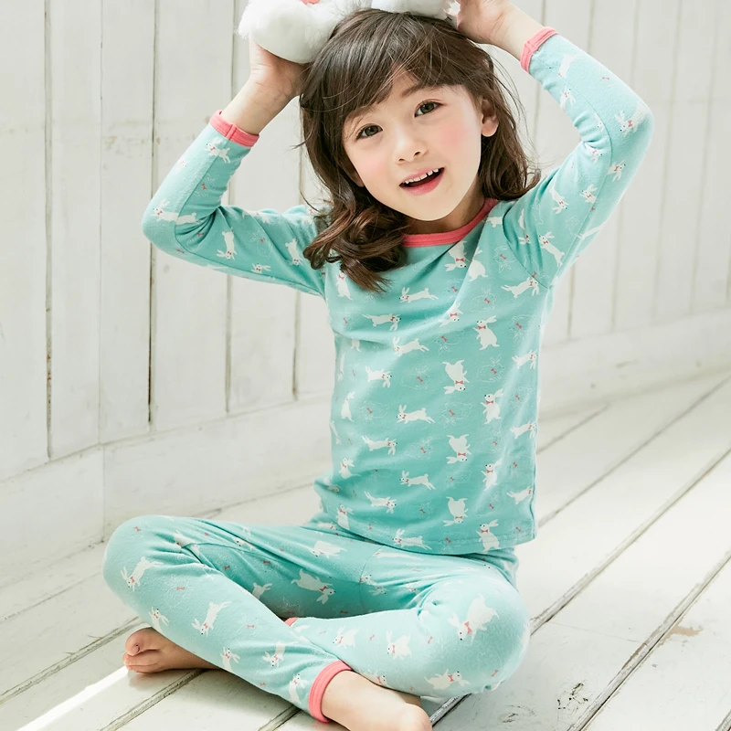 

baby girl rabbit cartoon sweatshirt soft cotton pink green pajamas set girls animals sleepwear kids Long sleeve clothes set