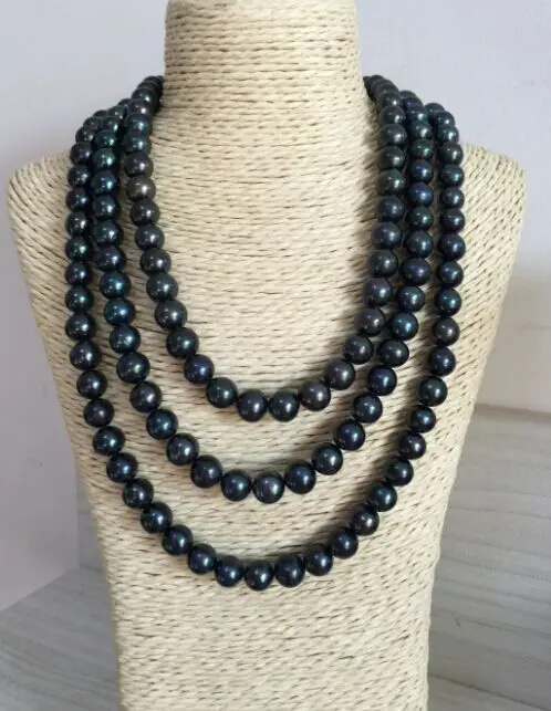 

single strandAAA 10-11mm freshwater round black green pearl necklace 40inch 925silver