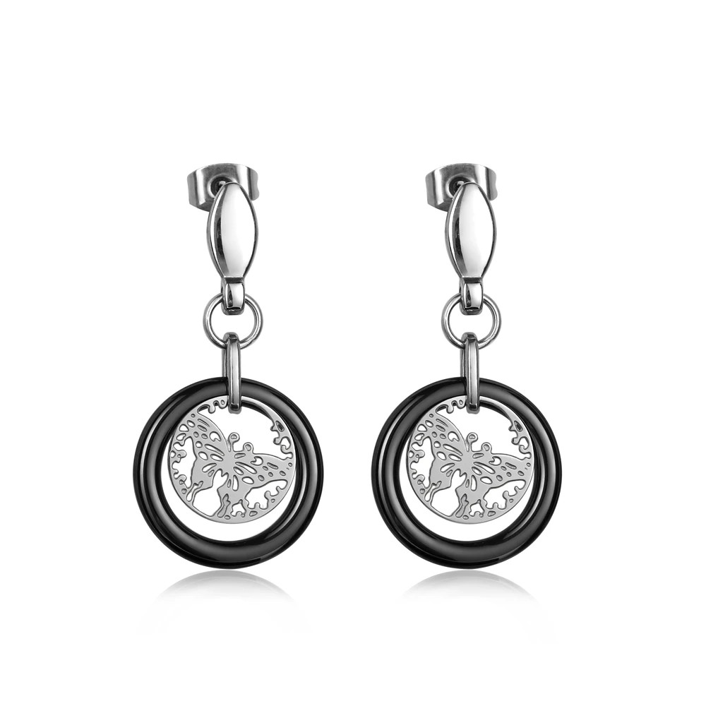 

Fashion Stainless Steel Butterfly Earrings 18mm Round Black & White Ceramic Drop Earrings For Women Luxury Women Dangle Earrings