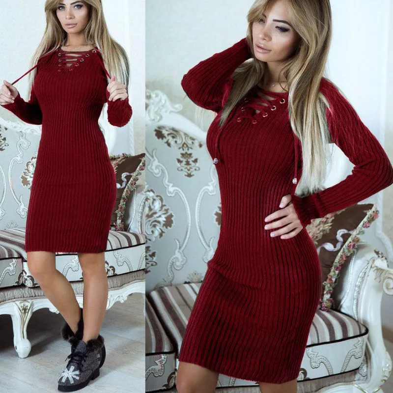 Buy Sexy V Neck Lace Up Bodycon Knee Length Dress