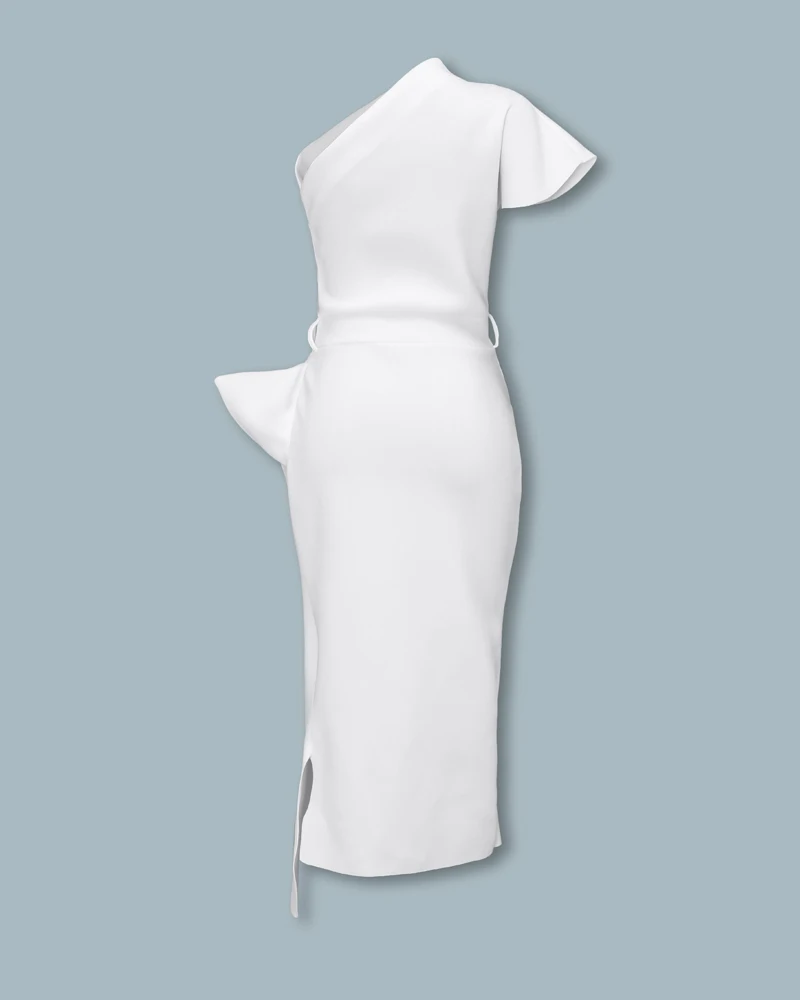 Весеннее женское элегантное сексуальное однотонное белое коктейльное платье миди асимметричное платье на одно плечо с рюшами необычное официальное вечернее платье