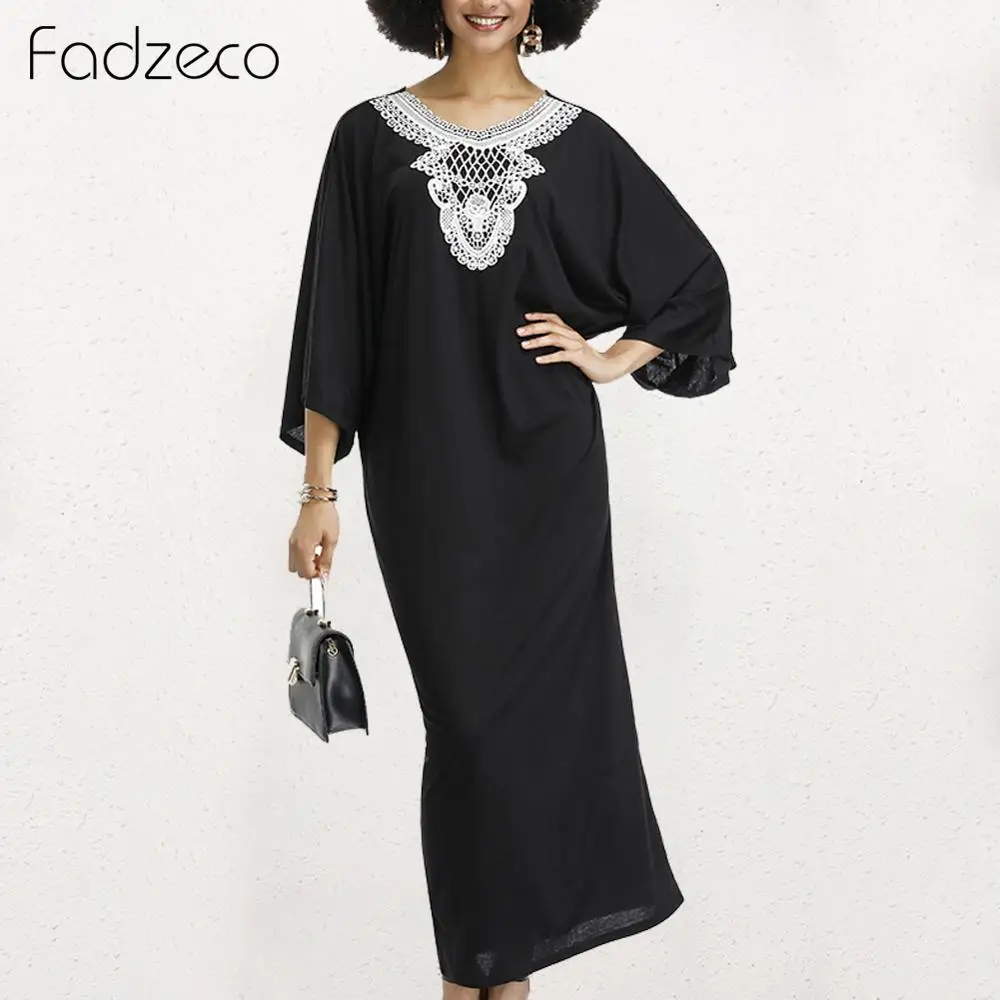 

Fadzeco Women Dashiki African Dresses Elegant Long Robe Ethnic Tribal 3/4 Sleeve Lace Applique O Neck Loose Maxi Dress