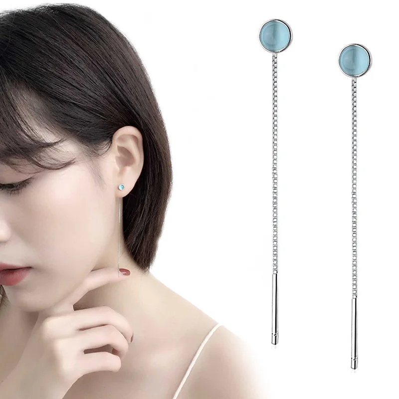 

925 Sterling Silver Tassel Opal Round Charm Drop Earrings For Women Wedding Jewelry Earring Female Brinco oorbellen A011