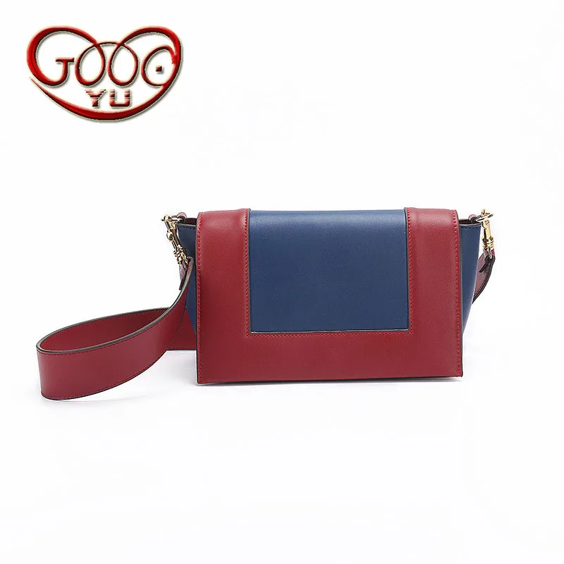 

Fight color cross section square leather handbags new shoulder small square bag hit color wide shoulder strap Messenger bag