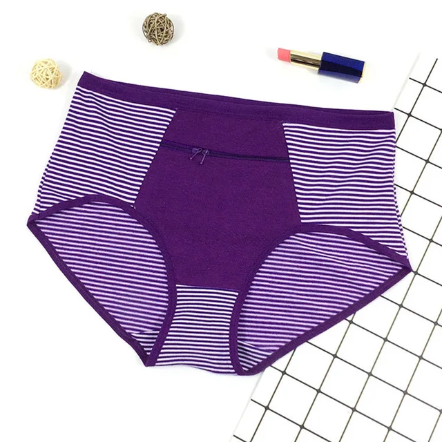 Women Zipper Pocket Panties Big Size Underwear Female Cotton Briefs